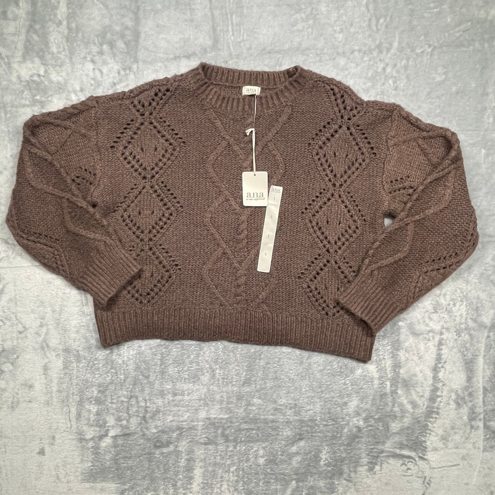 a.n.a Cable Knit Sweater Women Large Brown Pointelle Diamond Crewneck NWT